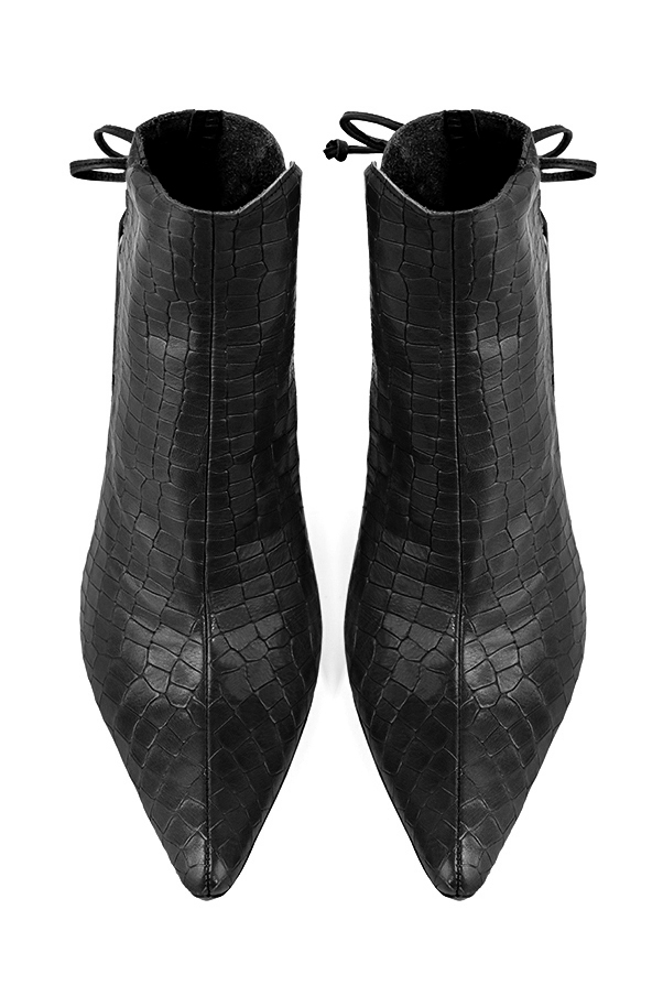 Dark grey women's ankle boots with laces at the back. Tapered toe. Very high spool heels. Top view - Florence KOOIJMAN